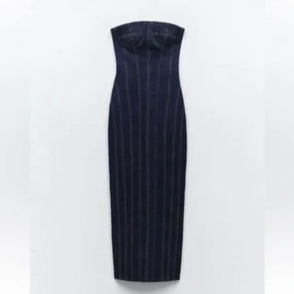 ZARA Denim Bustier Strapless Midi Dress Size M - Picture 9 of 11